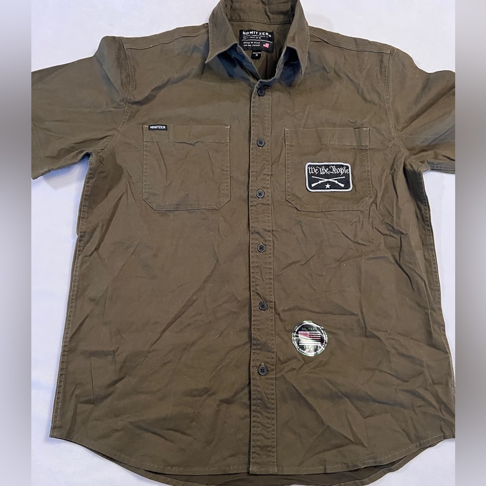 M NEW Howitzer Button Army Military Short Sleeve Shirt Mens Green USA Patriotic